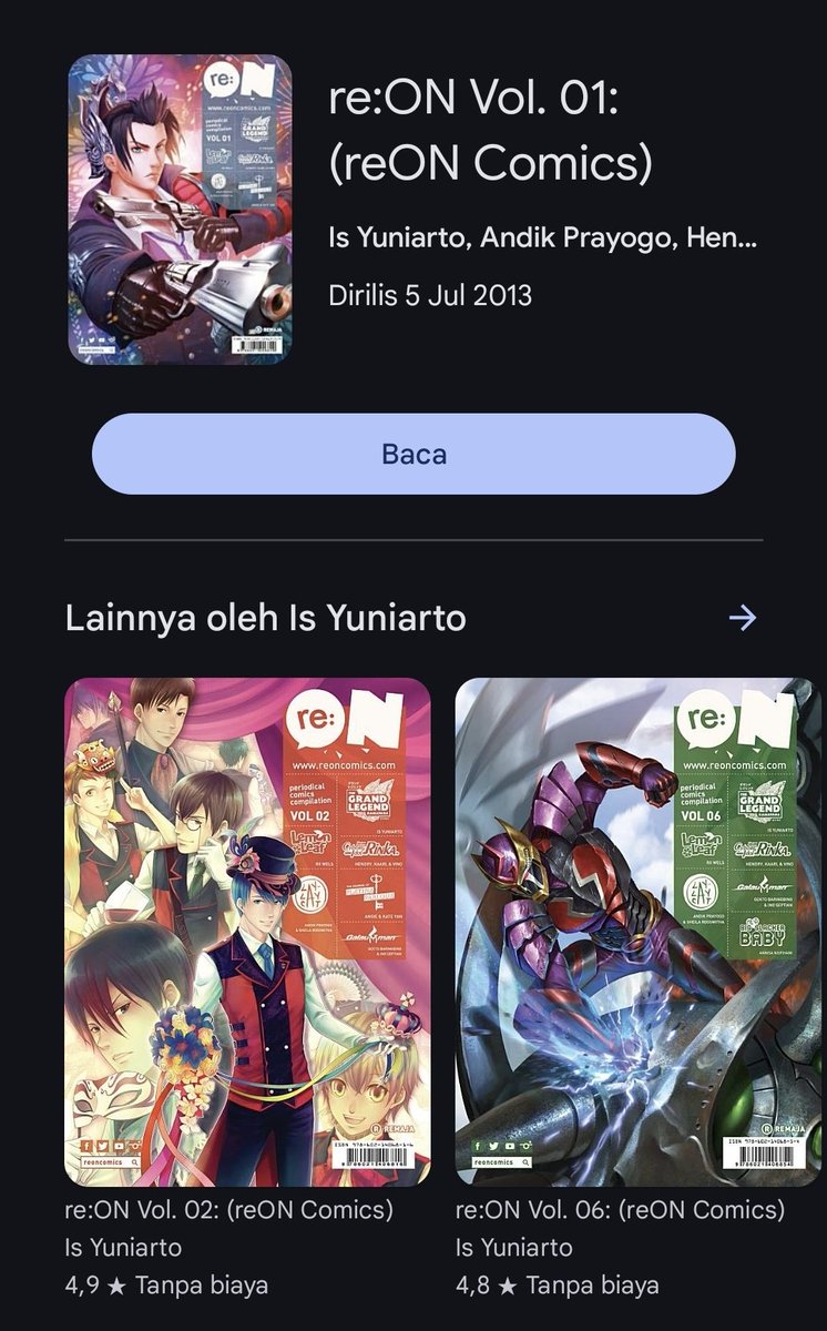 <a href="/ShaniBudi/">Shani Budi | #JagadRaya</a> Ada komik reON - Shonen Jumpnya Indonesia. Genre banyak!! ada genre matematika juga tapi seru banget. Genre tawuran juga ada. Pokoknya banyak.

Akses mudah, tinggal buka gugel playbook. Beberapa free malah. Coba mulai dari volume 1 dulu. Jangan kaget, bagus-bagus isinya 😄