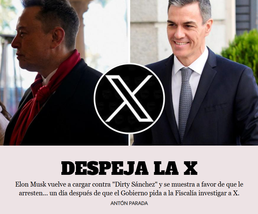 ElHuffPost's tweet photo. EN PORTADA. El magnate tecnológico continúa atacando al presidente del Gobierno, al día siguiente de que el mandatario anunciase que pedirán a la Fiscalía investigar posibles delitos de X, Meta y TikTok. 

✒ Por @anton_parada
 👉 https://t.co/0c6fip3h29 👈 https://t.co/qDrUqixVPP
