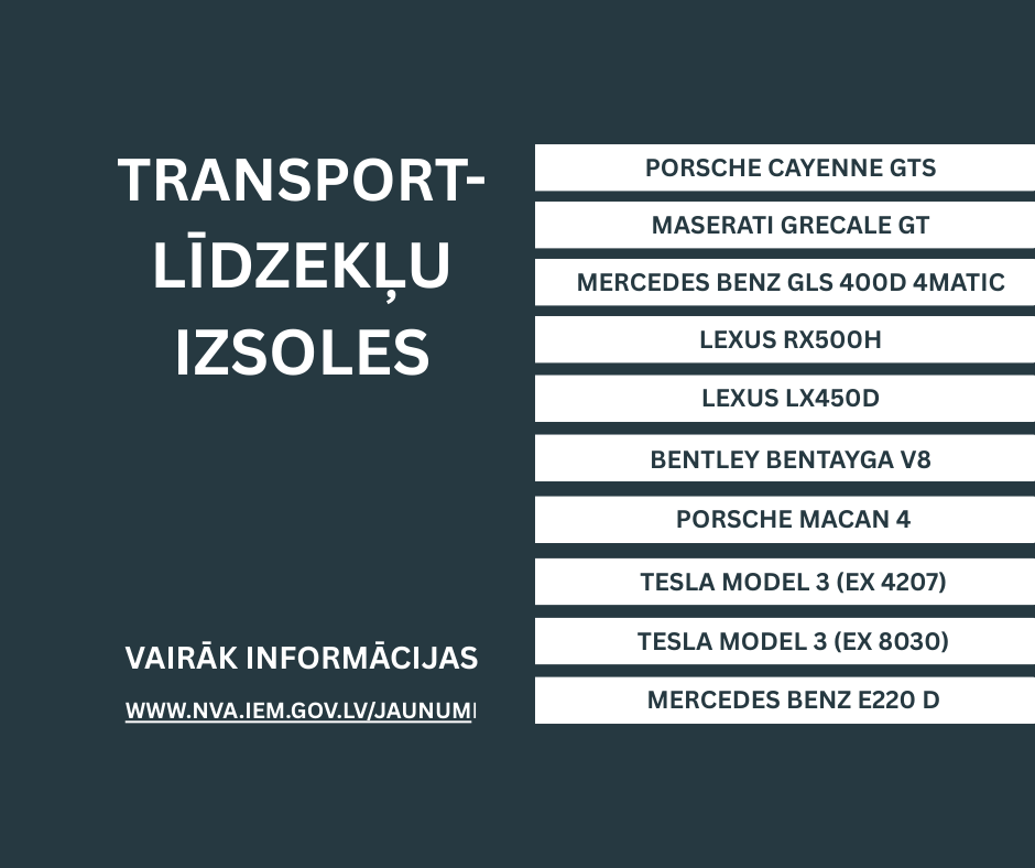IemNVA's tweet photo. Nodrošinājuma valsts aģentūra ir izsludinājusi 11 transportlīdzekļu izsoles. Vairāk informācijas https://t.co/Gy7hp8QylP https://t.co/zg31WAbbJZ