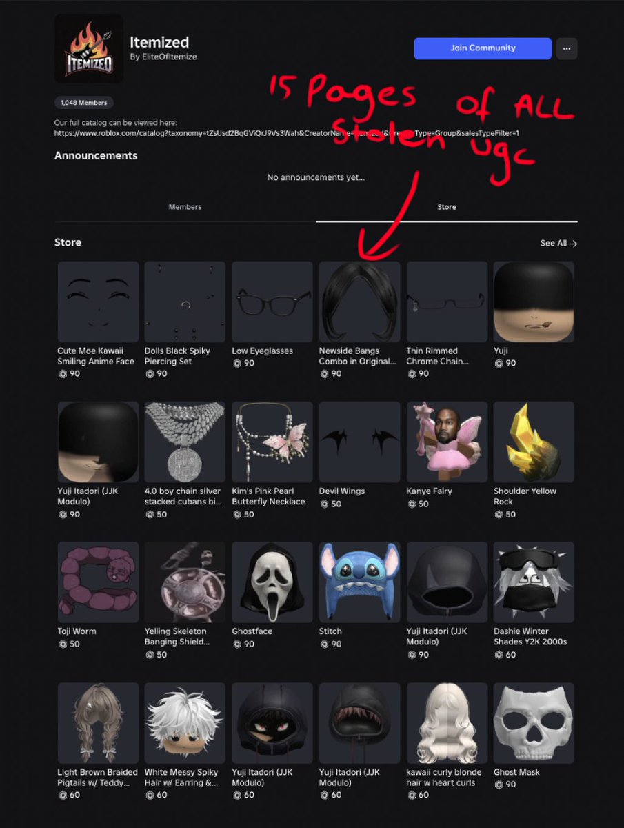 whats that x page that shows lots of stolen ugcs from groups? I found one and id like to spread awareness!!!!

roblox.com/communities/58…
#roblox #robloxdev #robloxugc