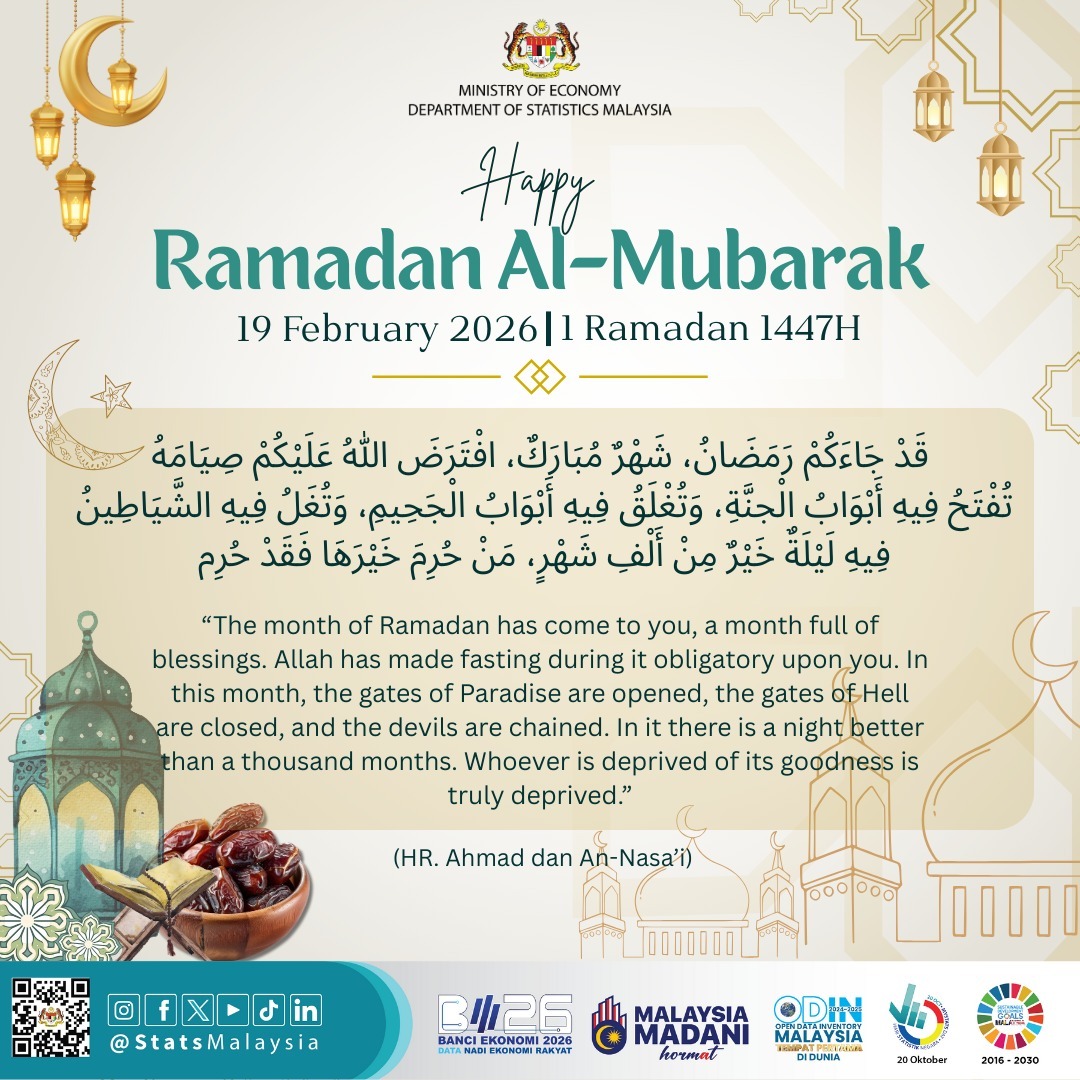 Seluruh warga Jabatan Perangkaan Malaysia mengucapkan Salam Ramadan Al-Mubarak 2026/1447H kepada seluruh Umat Islam.

Semoga kehadiran bulan mulia ini dimanfaatkan sepenuhnya bagi meraih keberkatan yang melimpah serta dikurniakan kekuatan untuk terus mempertingkatkan amal ibadah.