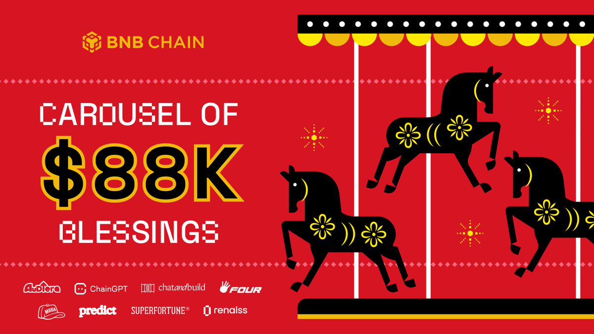 BNBCHAIN's tweet image. Stack more blessings this Lunar New Year with BNB Chain 🧧

Complete any festive campaigns on DappBay and you can stack even bigger blessings of $BNB!

Here’s how to join:
1️⃣ Follow @BNBCHAIN, @SUPERFORTUNE888, @Maiga_AI, @fourdotmemezh, @Chain_GPT, @chatandbuild, @predictdotfun,