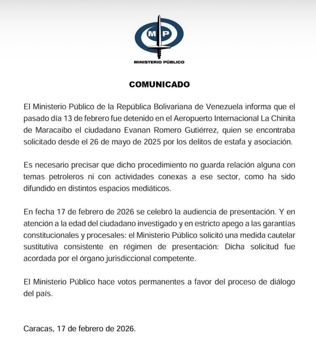devorahsasha's tweet photo. The Venezuelan American citizen, US oil advisor linked to the return of foreign investment, Evanan Romero, was kidnapped on Saturday by the “the facto interim authorities of Venezuela. The Attorney General,Tarek William Saab, issued this official communication :
PUBLIC MINISTRY COMMUNIQUÉ:
The Public Ministry of the Bolivarian Republic of Venezuela informs that on the past day of February 13, the citizen Evanan Romero Gutiérrez was detained at the La Chinita International Airport in Maracaibo. He had been wanted since May 26, 2025, for the crimes of fraud and criminal association or conspiracy.
It is necessary to clarify that said procedure has no relation whatsoever to oil-related matters nor to activities connected to that sector, as has been disseminated in various media spaces.
On February 17, 2026, the presentation hearing was held. Taking into account the age of the investigated citizen and in strict adherence to constitutional and procedural guarantees: the Public Ministry requested a substitutive precautionary measure consisting of a regime of periodic presentation to authorities . Said request was granted by the competent judicial body.
The Public Ministry expresses its permanent wishes in favor of the country’s dialogue process.
Caracas, February 17, 2026.

(In the photo the Attorney General of Venezuela: Tareck William Saab)
#NoNegotiationsWithCriminals 
@RepCarlos @RepMariaSalazar @SenRickScott @MarioDB