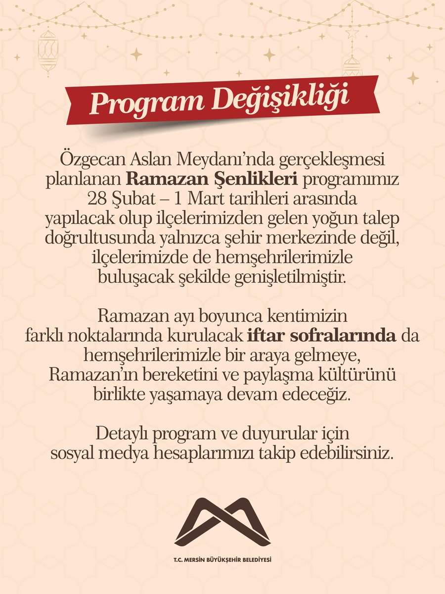 Ramazan Şenlikleri programımız yoğun talep üzerine yalnızca şehir merkezinde değil, ilçelerimizde de gerçekleşecek şekilde genişletilmiştir.

Detaylı program ve duyurular için sosyal medya hesaplarımızı takip edebilirsiniz.