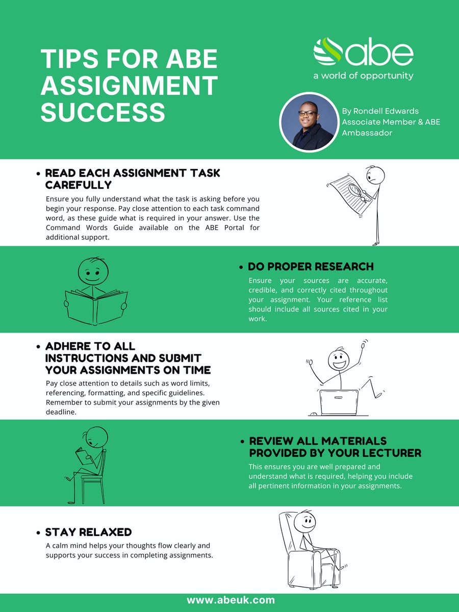 abetalk's tweet photo. Starting your assignment early will help you manage deadline pressures more effectively. Here are some useful tips to help you succeed in your assessment from our ABE Ambassador, Rondell Edwards.

 #AssignmentTips #ABEAmbassador https://t.co/ayvOPWTsg7