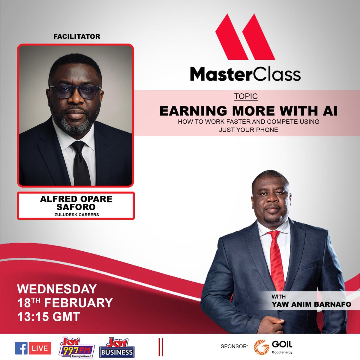 Joy997FM's tweet photo. How can you earn more and work faster using just your phone?
Join Alfred Opare Saforo on Joy Business Masterclass as we explore practical ways to compete and grow with AI.
Today at 13:15 GMT.
#JBMasterclass #JoyBusiness #Joy997FM https://t.co/qeshWnHXlV