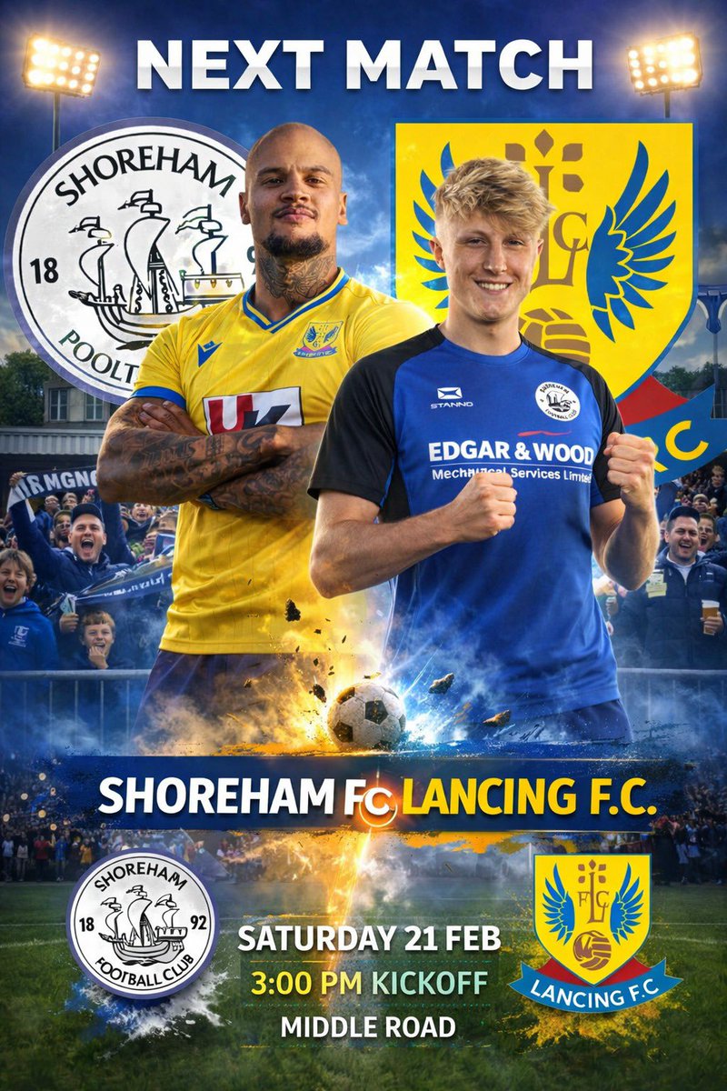 ShorehamFC's tweet photo. BIGGEST GAME OF THE SEASON ⁉️

It’s derby weekend at Middle Road 👀

👤 @LancingFC 
🗓️ 21st Feb
⏰ 3PM KO
🏟️ Middle Road
🏆 @TheSCFL 

DISCOUNT - 🎟️ https://t.co/VxXyPNZQ2M 

🍔🍺 Cafe &amp; Bar OPEN! 

Come down and support the boys in a huge 6-pointer! 💙 https://t.co/lNKE0bpO6m