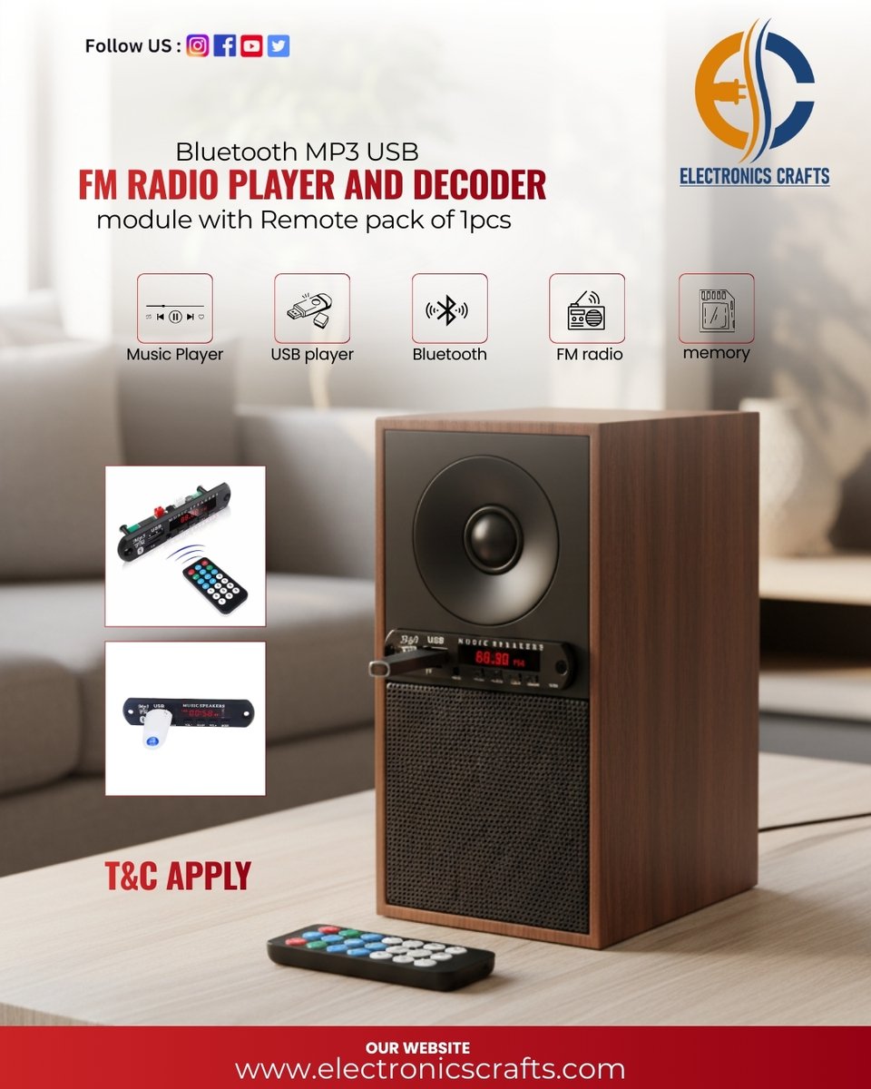 ElectronicsCraf's tweet photo. Upgrade your sound system with our Bluetooth MP3 USB FM Radio Player &amp; Decoder Module 🎶📻Designed for seamless connectivity and crystal-clear audio, 
#ElectronicsCrafts #FMRadioplayer #BluetoothModule #MP3Decoder #AudioModule #DIYAudio #USBPlayer #BluetoothSpeaker https://t.co/dGRb8sFcDG