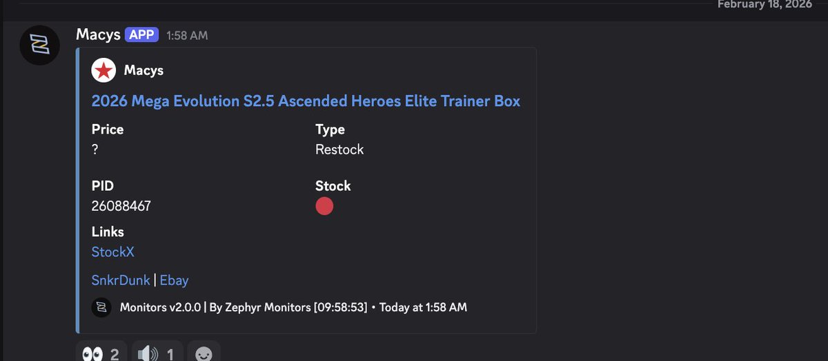 PokemonRestockr's tweet photo. 🚨MACY'S HAS LOADED THE ASCENDED HEROES ETB ON THEIR BACKEND EXPECT A DROP THIS WEEK🚨

Early links in our discord monitors! 

7 day free trial Discord: https://t.co/lNCSCEQFF3

#PokemonTCG #Pokemon https://t.co/SRotTdIs6B