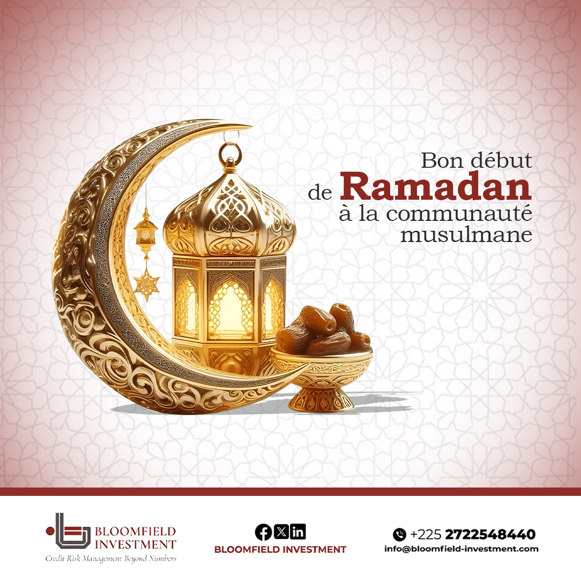 À l'occasion du début du mois sacré de Ramadan, Bloomfield Investment Corporation adresse ses vœux les plus sincères de paix et de piété à l'ensemble de la communauté musulmane.

Que ce mois de jeûne, de prière et de réflexion apporte bénédictions et sérénité dans vos foyers.