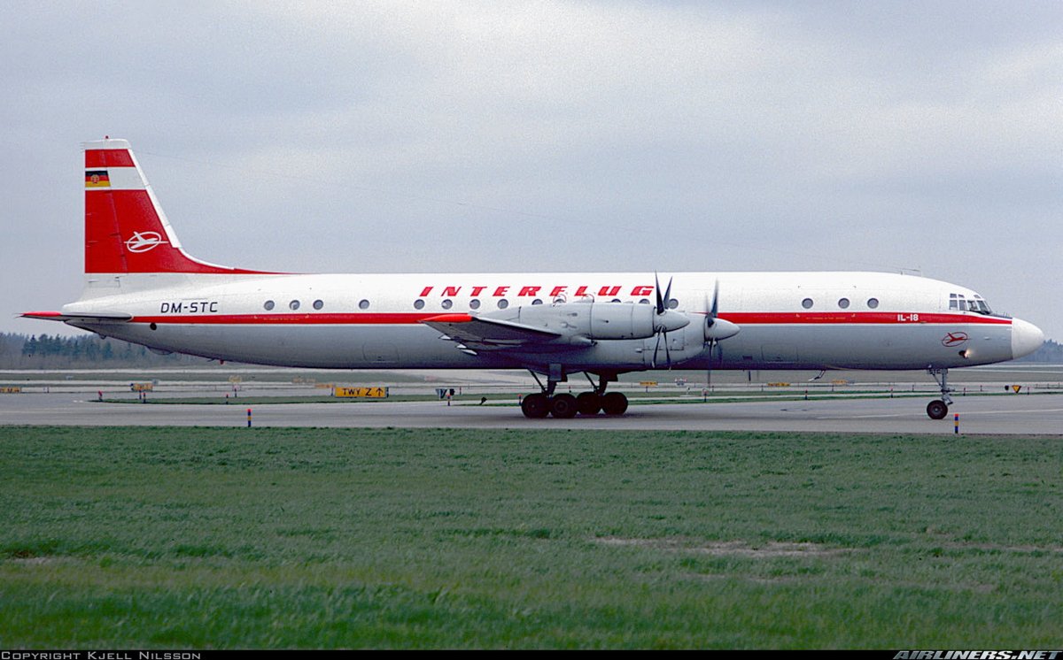 n194at's tweet photo. Interflug 
Ilyushin IL-18V DM-STC
ARN/ESSA Stockholm Arlanda Airport
April 28, 1979
Photo credit Kjell Nilsson 
#AvGeek #Aviation #Airline #AvGeeks #Ilyushin #IL18 #ARN #Stockholm #Interflug @InterflugDDR https://t.co/FWilCVgd56