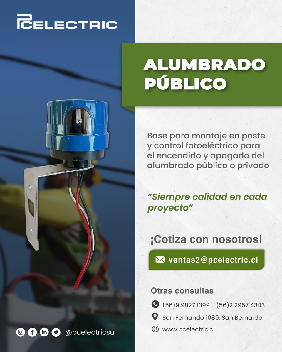 pcelectricsa's tweet photo. Base para poste y control fotoeléctrico, la solución ideal para el encendido y apagado automático del alumbrado público o privado.

Solicite su cotización
✉ ventas2@pcelectric.cl 
📞(56)9 9827 1399 - (56)2 2957 4343  

#controlfotoeléctrico #iluminación #electricidad #pcelectric https://t.co/wjRI4R4DL4
