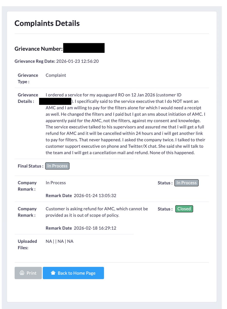 wah <a href="/EurekaForbes/">Eureka Forbes</a> wah. i will always remember this. 

atleast, through this complaint on  consumerhelpline.gov.in I got a straightforward no. unlike your lying executives you kept telling me it would be cancelled and I will get a refund "within 24 hours". I guess your lying and