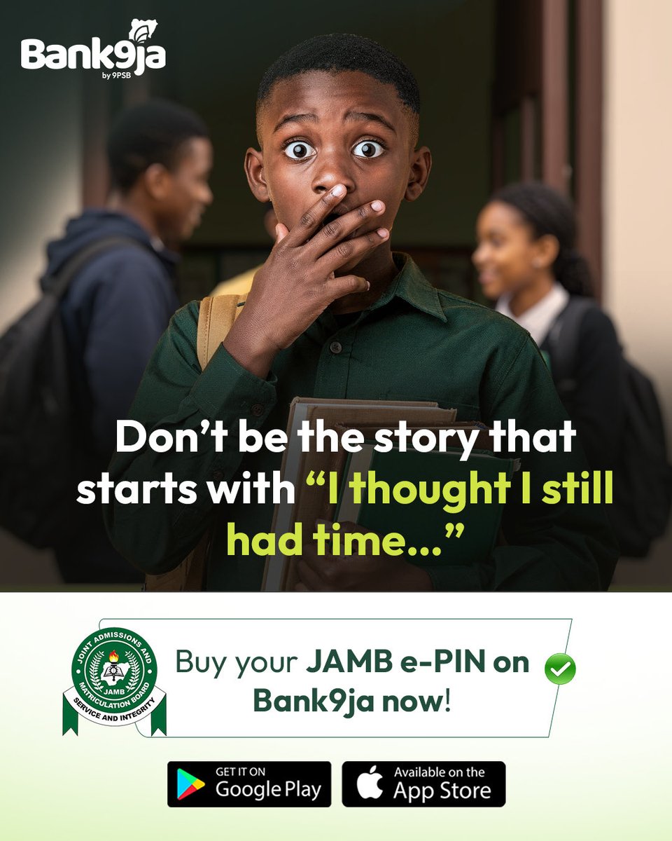 Bank9ja's tweet photo. Procrastination has entered the chat….but February 26th is not smiling. 

If you are still saying “I’ll do it tomorrow” this is your sign. Secure your Jamb E-Pin instantly on Bank9ja.

Click link on bio to get started!
.
.
#Bank9ja
#Jamb2026
#Epin 
#Livebeyondlimit https://t.co/d7dCBXNfwL
