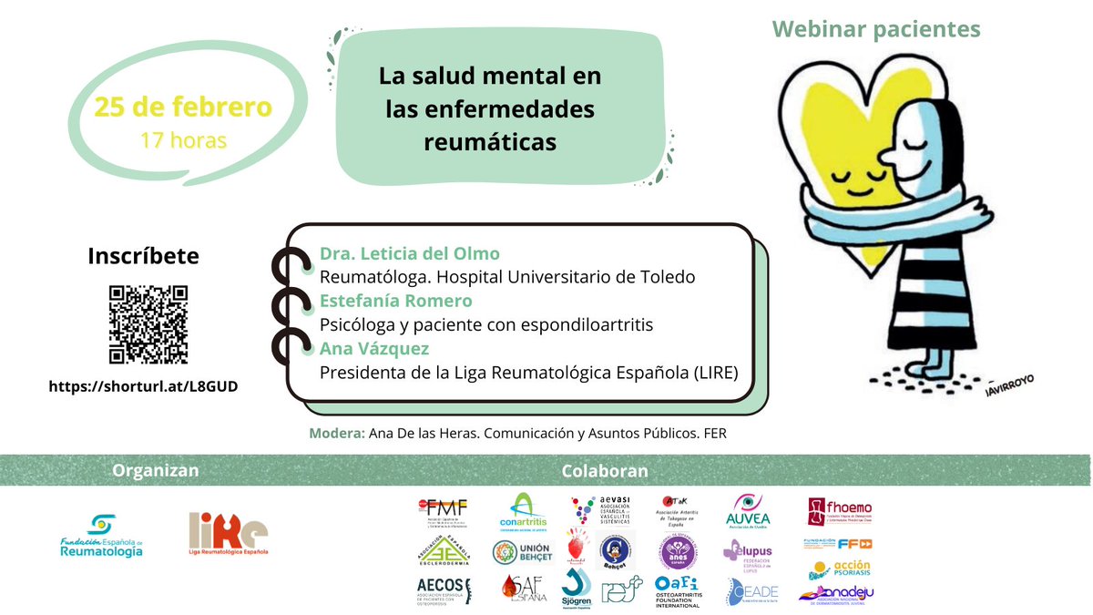 ➡️Webinar de la Sociedad Española de Reumatología: La salud mental en las enfermedades reumáticas
📅 25 de febrero a las 17h
📌 Contaremos con la Dra. <a href="/leticia_olmo/">Leticia del Olmo</a>, la psicóloga <a href="/EstefaniaRom91/">Estefanía Romero</a> y Ana Vázquez, presidenta de <a href="/ligareuma/">Liga Reumatológica Española (LIRE)</a>. 
Inscríbete: 📷 shorturl.at/L8GUD