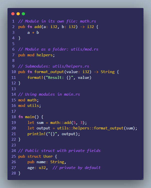 teheelaa's tweet photo. Rust Learning Log: Modules as Files, Folders, Visibility, and Submodules

Yesterday I was learning what modules are. Today I learned how they actually work inside a Rust project.
This felt like moving from concept to structure. From understanding modules to understanding how Rust expects code to be organized.

Modules as Files:
Learning that a module can live in its own file made things better.
A module isn't just a conceptual boundary anymore. It becomes a real, named place in the project. Another angle for ownership and responsibility.
Instead of everything being piled together, you start asking: does this logic deserve its own space?
In Solidity, you can split contracts across files using import, but the structure is more flexible. You can organize however you want. Rust has conventions that guide you toward clearer organization from the start.

Modules as Folders:
Learning about modules as folders made the organizational story even clearer.
Folders let related modules live together. Not randomly, but intentionally. Structure reflects meaning. This prevents chaotic codebases as projects grow.

Module Ambiguity:
Module ambiguity was one of the more interesting ideas today.
When multiple modules can contain items with the same name, context becomes critical. Rust doesn't guess. It forces you to be clear.
I've consistently learnt that ambiguity is risky. Explicit structure reduces mistakes.
It made me more aware of naming and layout, and how easily confusion can come in without clear boundaries.

Public Enums, Structs, and Fields:
Learning how enums, structs, and even individual fields can be marked pub was exciting.
Rust doesn't treat visibility as all or nothing. You can be precise about what's exposed.
That precision makes you think like an API designer. What should others rely on? What should stay internal? What am I comfortable exposing long term?

Submodules:
Submodules tied everything together.
Instead of flat structures, Rust encourages hierarchies with meaning. Each level adds context, not confusion.
What stood out is how deliberate this feels. Nothing is automatic. Nothing is hidden. You build structure step by step, and every decision is visible.
I read somewhere that in C, large projects can become hard to navigate because there's no enforced module system. Rust gives you tools to structure things clearly from the beginning.

Modules aren't just about organizing files. They're about designing boundaries.
Just like ownership controls access to memory, modules control access to functionality.
Rust keeps giving me the same ideas in different forms: be explicit, reduce ambiguity, design with intent.

This part of Rust made me think less like someone writing code and more like someone designing a system, and I love it.

How do you decide when to split code into separate files or modules? Do you do it early, or wait until things get messy?

#Rust #RustLang #LearningRust #Programming #CodeOrganization #SystemsDesign #Blockchain #Solidity
