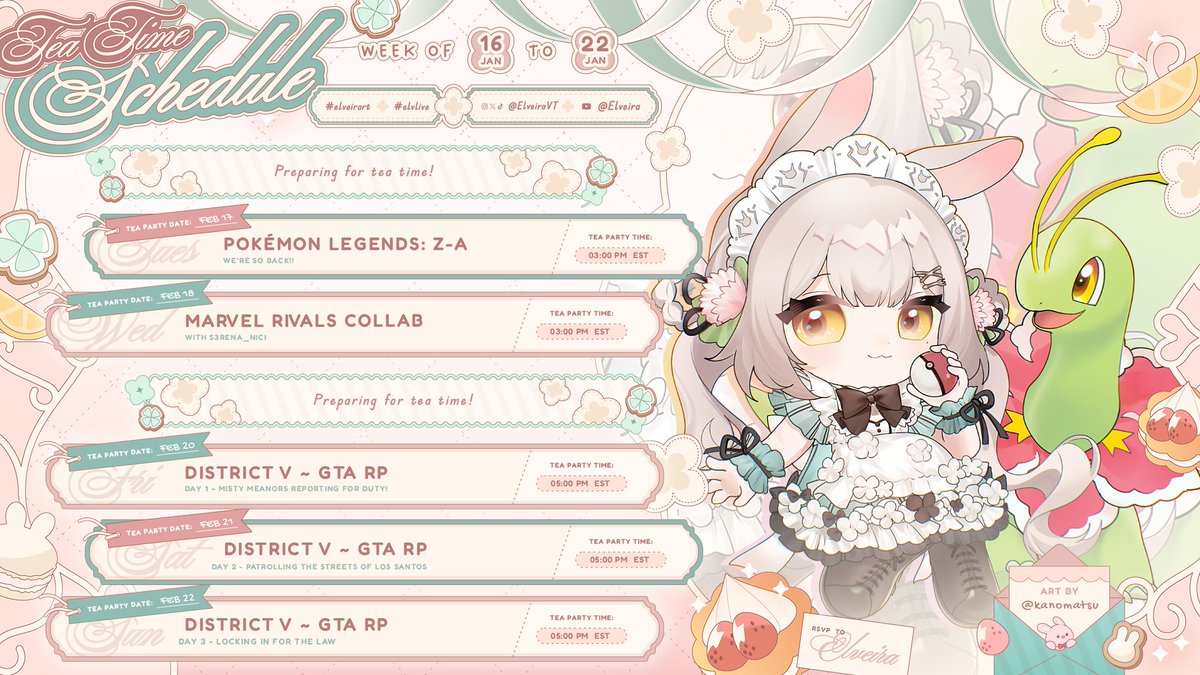 【 SCHEDULE: FEB 16 - FEB 22 】

Weekly schedule is here! Get ready for the start of #DistrictV shenanigans 👮 

Art by @/kanomatsu ♡