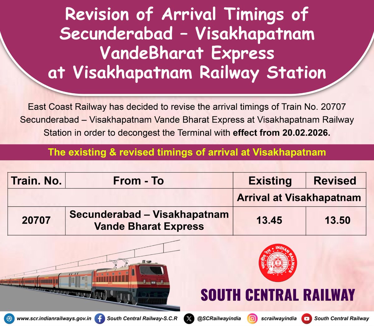 SCRailwayIndia's tweet image. 🚆📢 Revised arrival time for #VandeBharat Express 20707 #Secunderabad – #Visakhapatnam from 13:45 to 13:50 at Visakhapatnam railway station from 20.02.2026!
@RailMinIndia @SCRailwayIndia #IndianRailways #SCR #TrainUpdates #RailwayNews #Visakhapatnam