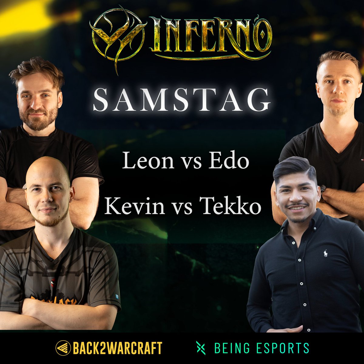 LEUTE!
Unsere deutschsprachige Warcraft3 Meisterschaft hat ein Date für die Finals - DIESES WOCHENENDE!

Samstag &amp; Sonntag
Stream is live ab 18.00 Uhr

👨 Leon
🧝 Kevin
💀 Edo
👨 Tekko

im Kampf um die Krone im DACH INFERNO