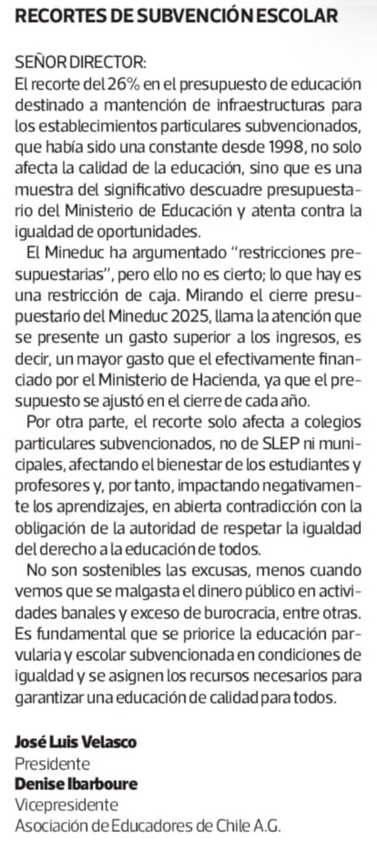El MINEDUC recorta el 26% del presupuesto destinado a mantención de infraestructura de los establecimientos particulares  subvencionados, por una significativa restricción de caja.
Carta en <a href="/latercera/">La Tercera</a> de <a href="/profe_VELASCO/">José Luis Velasco</a> y <a href="/DeniseIbarboure/">Denise Ibarboure</a>