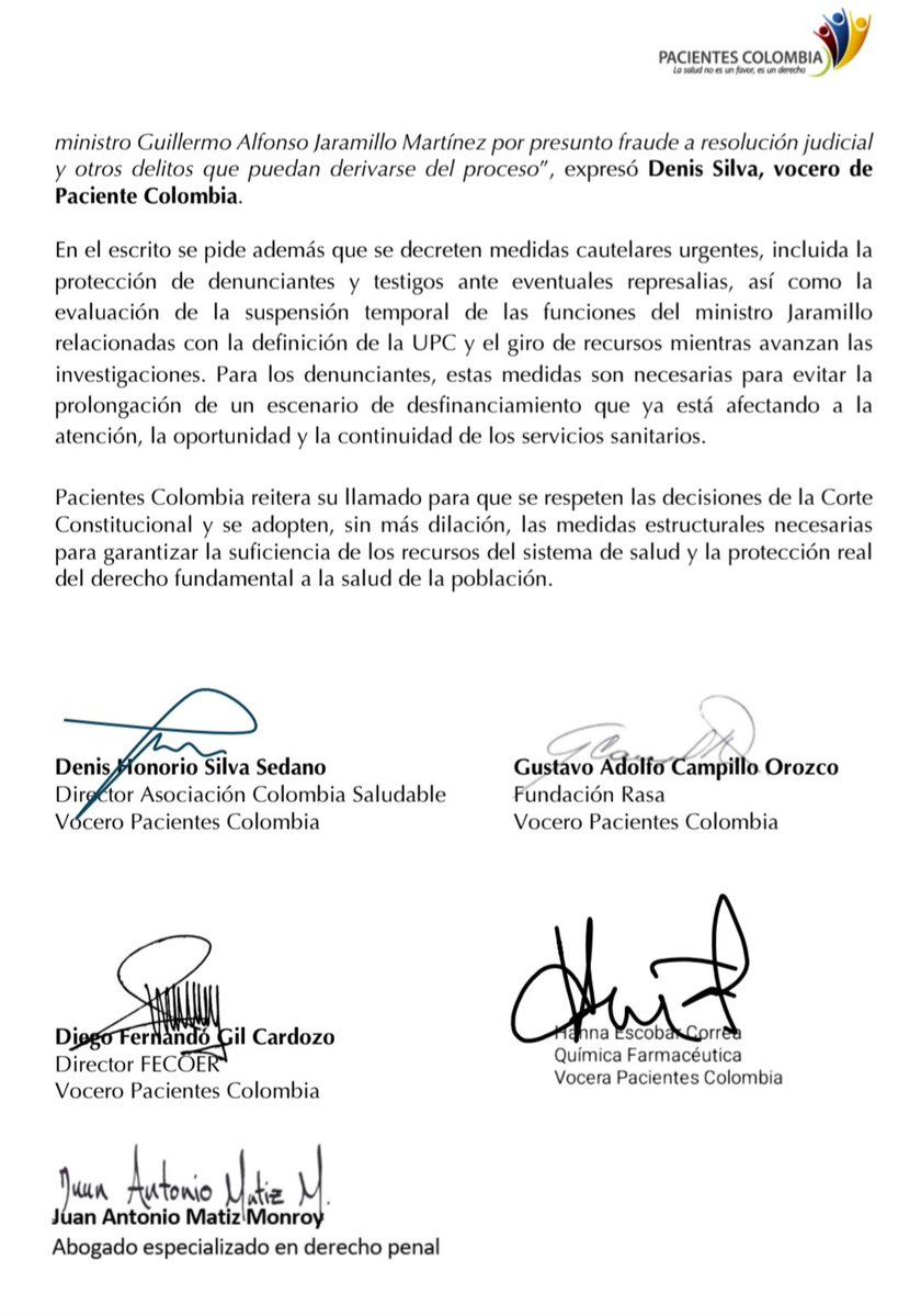 Fecoer's tweet image. #URGENTE 🚨Desde Pacientes Colombia, que agrupa 203 organizaciones, denunciamos y solicitamos investigación “ante la @FiscaliaCol al ministro de Salud @GA_Jaramillo por presunto fraude a decisiones de la @CConstitucional”.

“El ministro habría incumplido de forma consciente,