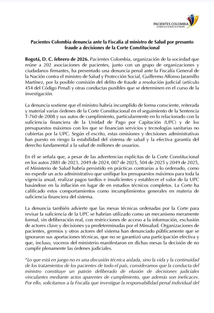 Fecoer's tweet image. #URGENTE 🚨Desde Pacientes Colombia, que agrupa 203 organizaciones, denunciamos y solicitamos investigación “ante la @FiscaliaCol al ministro de Salud @GA_Jaramillo por presunto fraude a decisiones de la @CConstitucional”.

“El ministro habría incumplido de forma consciente,