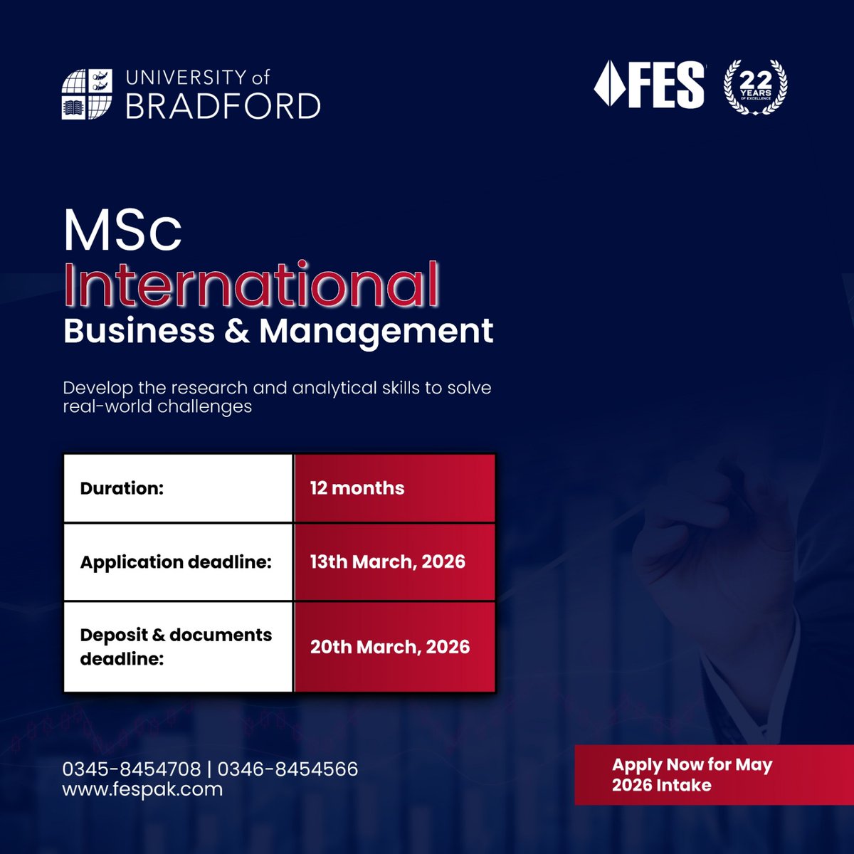 Time’s running out to join the University of Bradford this May. Submit your application by 13th March, 2026 and don’t miss this opportunity!

For More Info
0345-8454708
0346-8454566

We Guide You Lead
fespak.com

#fes #fes2026 #fesconsultants #studyabroad #studyvisa