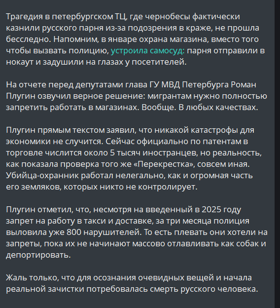 "Цена прозрения: после убийства в «Сити Молле» полиция требует полной зачистки торговли

На отчете перед депутатами глава ГУ МВД Петербурга Роман Плугин озвучил верное решение: мигрантам нужно полностью запретить работать в магазинах. Вообще. В любых качествах."