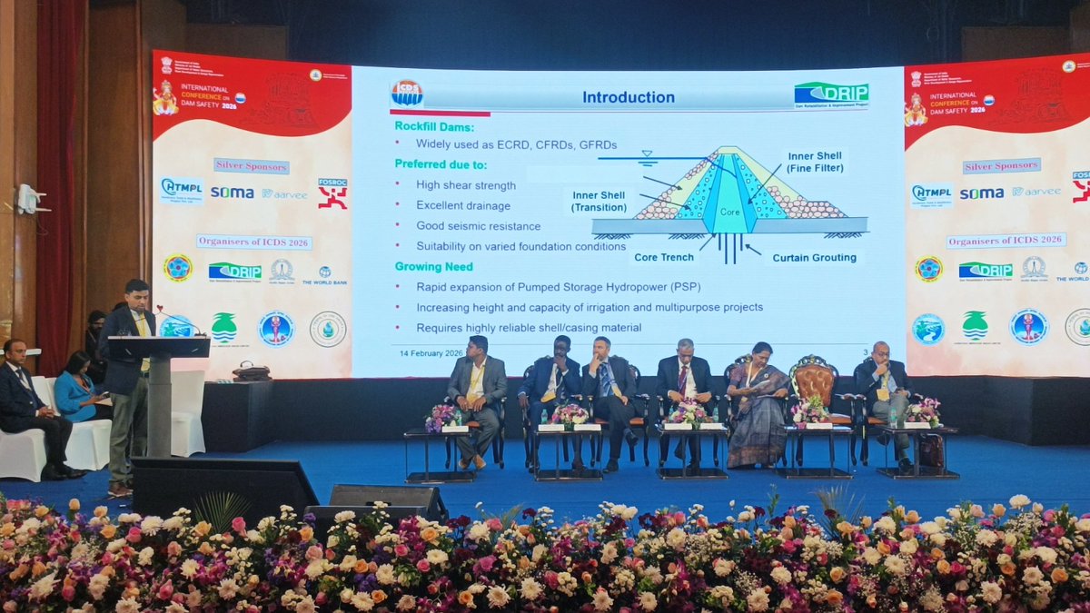 csmrsdelhi's tweet photo. On Day 2 of #ICDS2026, Technical Session focused on "Ageing dams : State of Art Rehabilitation Practices" was Chaired by Dr. J. Chandrashekar Iyer and Dr. R. Chitra, Director, CSMRS. Shri Uday Bhanu Chakraborty, Scientist C, CSMRS, presented his paper highlighting the construction technology and QA/QC procedures for rockfill dams with case studies. Dr. R. Chitra, Director, CSMRS, concluded the session with powerful summary on challenges in ageing dams and compatible rehabilitation measures to ensure our dams remain safe for decades to come. #DamSafety #CSMRS #JalShakti #AgeingDams #ICDS2026