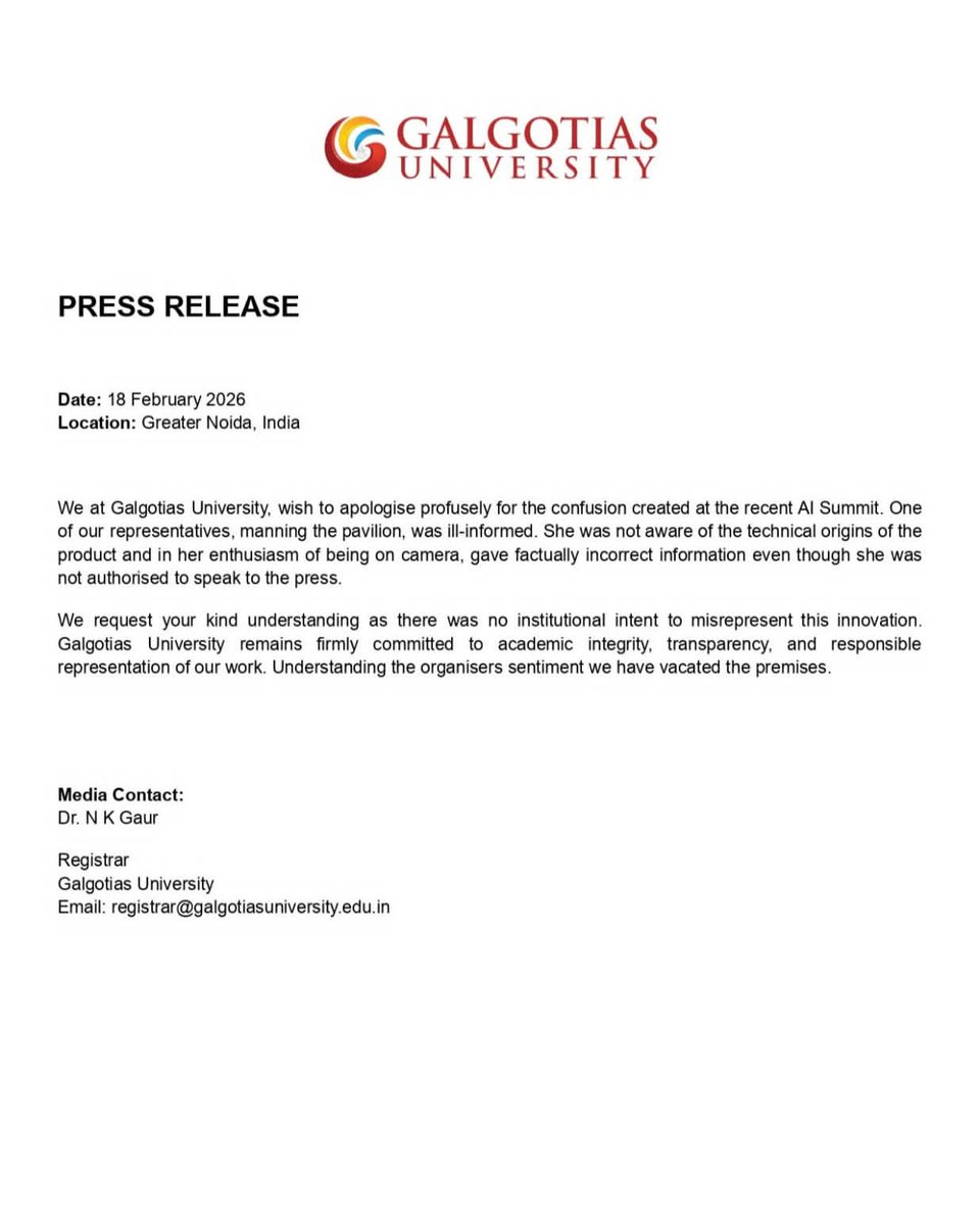 चीनी रोबोडॉग विवाद पर गलगोटियास युनिवर्सिटी ने जारी किया माफ़ीनामा 

#GalgotiasUniversity #Robodog #AIImpactSummit