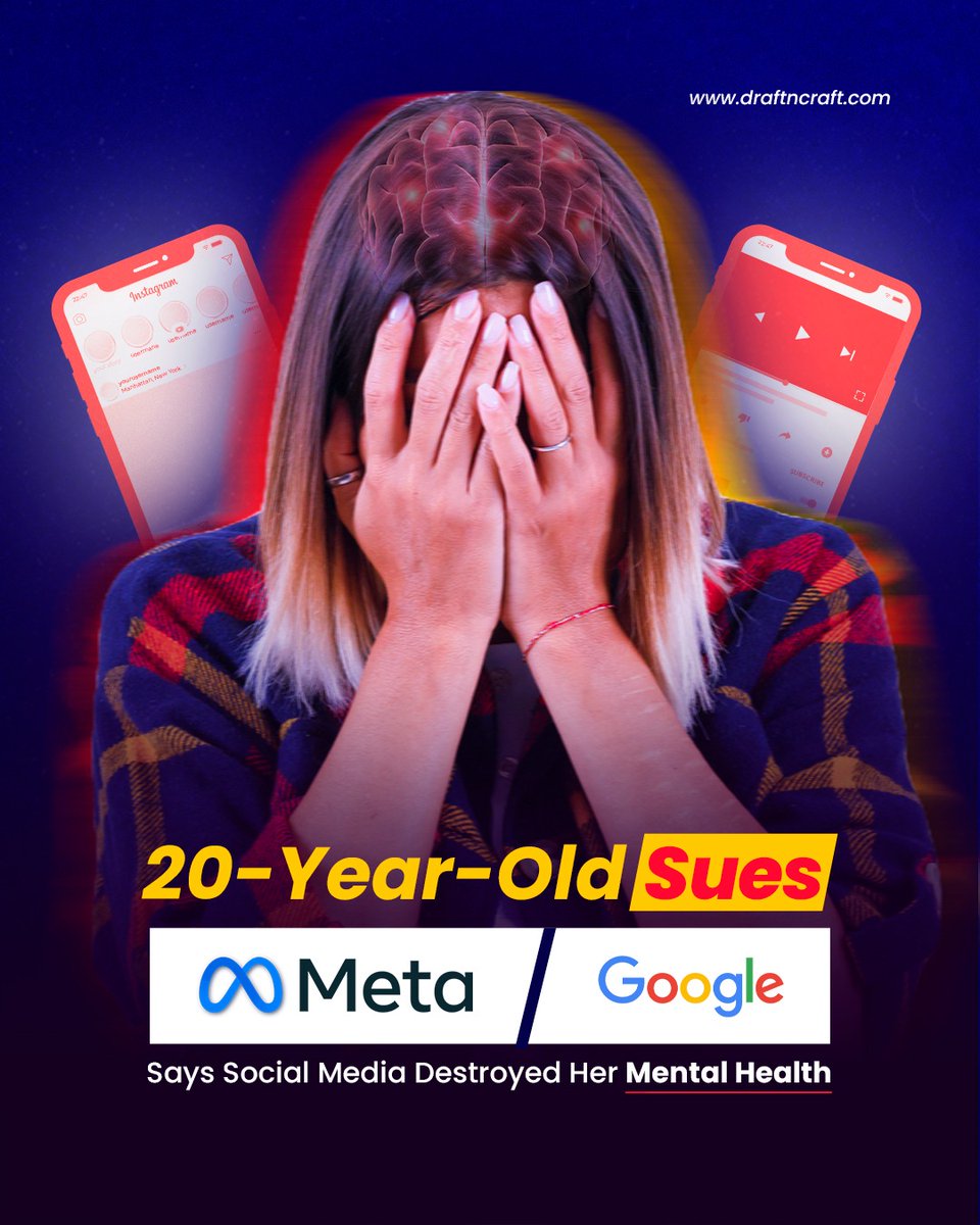 draftncraft's tweet photo. She was 6–9 years when she first used #YouTube. Nearly a decade later, she says it almost cost her life. Now 20, she’s suing #Meta (#Instagram) &amp; #Google, claiming their platforms are addictive, fueling depression &amp; anxiety. #SocialMedia #Addiction #MTMPSpring26 https://t.co/0EBpbNflCA
