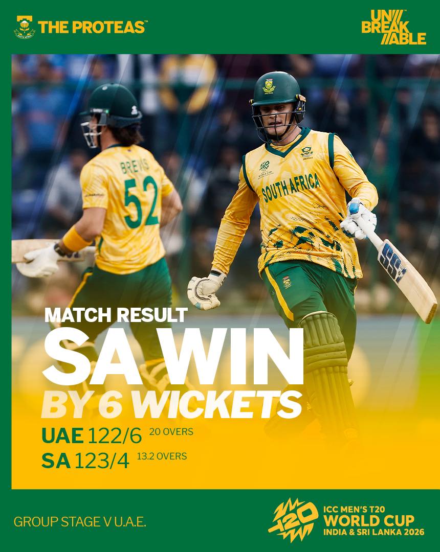 🏏💥 CONGRATULATIONS, PROTEAS! 💥🏏

A clinical performance from The Proteas as South Africa seal a convincing 6-wicket victory in the ICC Men’s T20 World Cup 🇿🇦💚💛

#Proteas #T20WorldCup #SAWin #Unbreakable #GovZAUpdates💪🇿🇦
