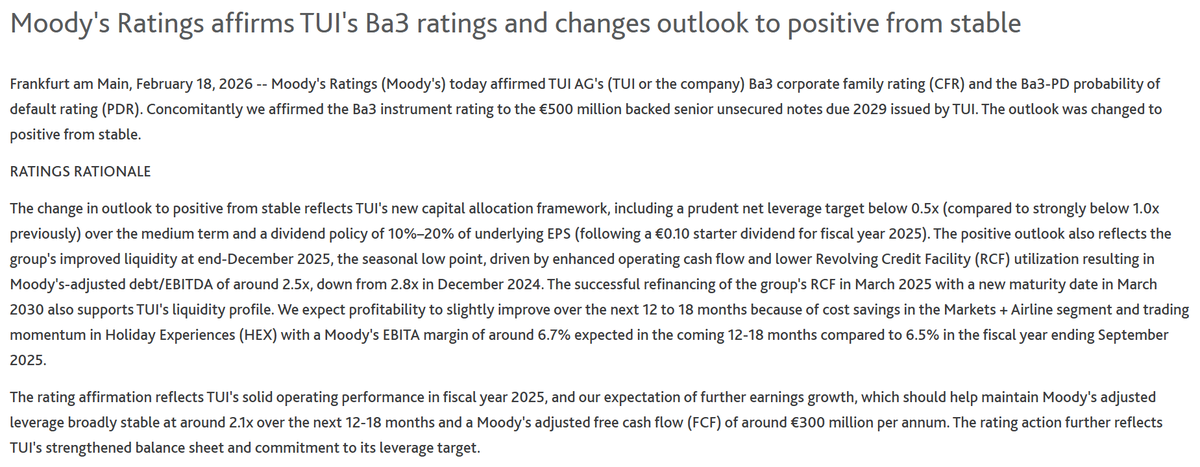 PeterKnazeje's tweet image. #TUI: Moody's Ratings dnes potvrdila rating pre TUI na Ba3 a zvýšila výhľad zo stabilného na pozitívny. K zvýšeniu ratingu by mohlo dôjsť napr, ak sa TUI podarí zlepšiť segment Markets + Airline.
