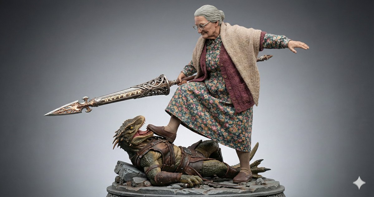 PSN62595111's tweet photo. Google Gemini3 image generator by Nanobanana Pro
画像生成
”the granny with her lance in the style of a High-end collectible figure”
「高級フィギュア風: ランス持ちばあちゃん」
#AIart #意味不明 #actionfiguers #ばあちゃんそれやめて恥ずかしいよ https://t.co/pqDnaiuGqz