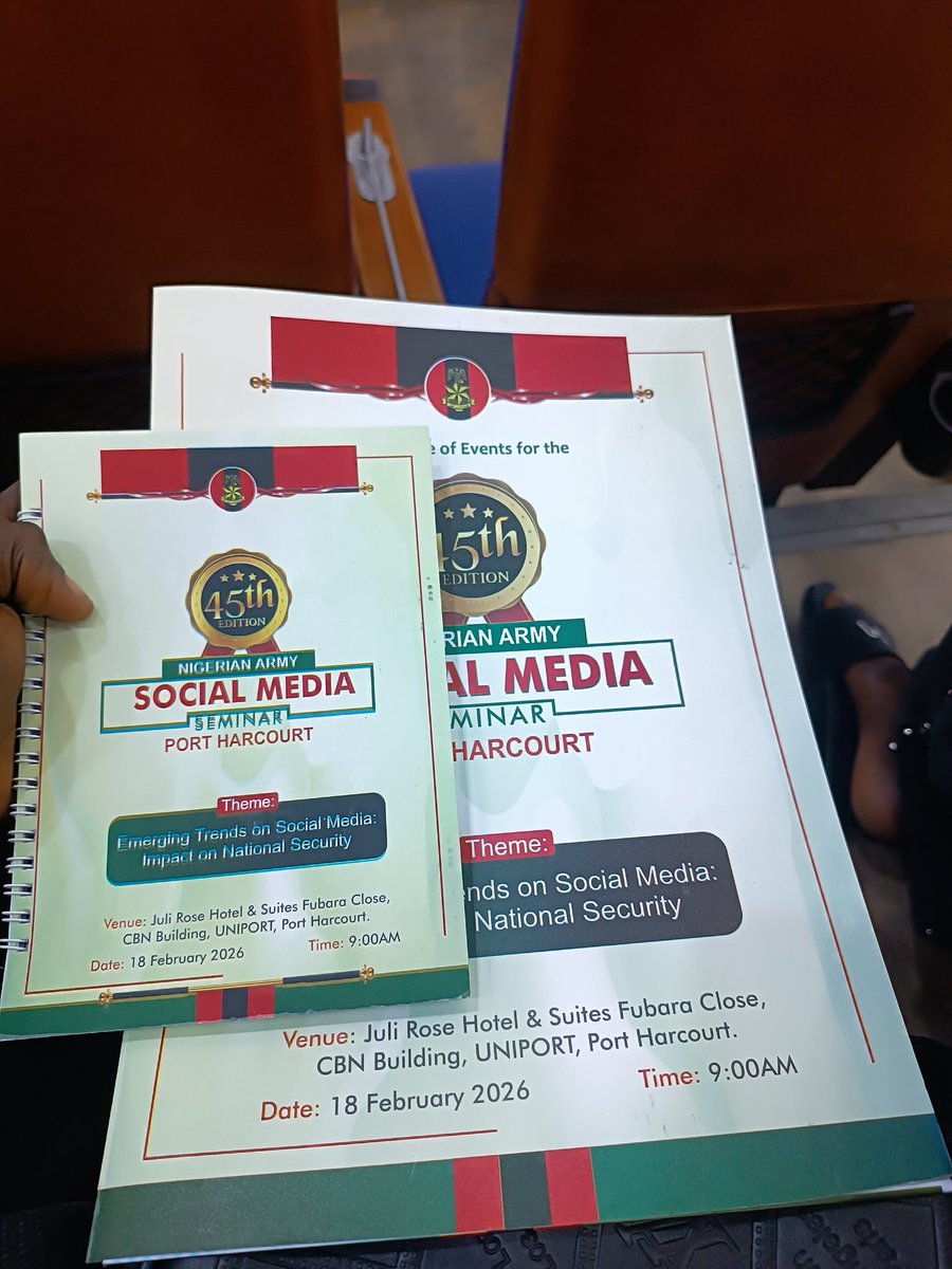 JazzmanMedia's tweet photo. Proud to be part of the 45th Edition of the 🇳🇬Nigerian Army Social Media Seminar. It’s vital to discuss how our digital footprints affect the security of our nation. Knowledge is power!  #NigerianArmy #PortHarcourtEvents #StayInformed
@HQNigerianArmy https://t.co/t3vIOPg3zJ