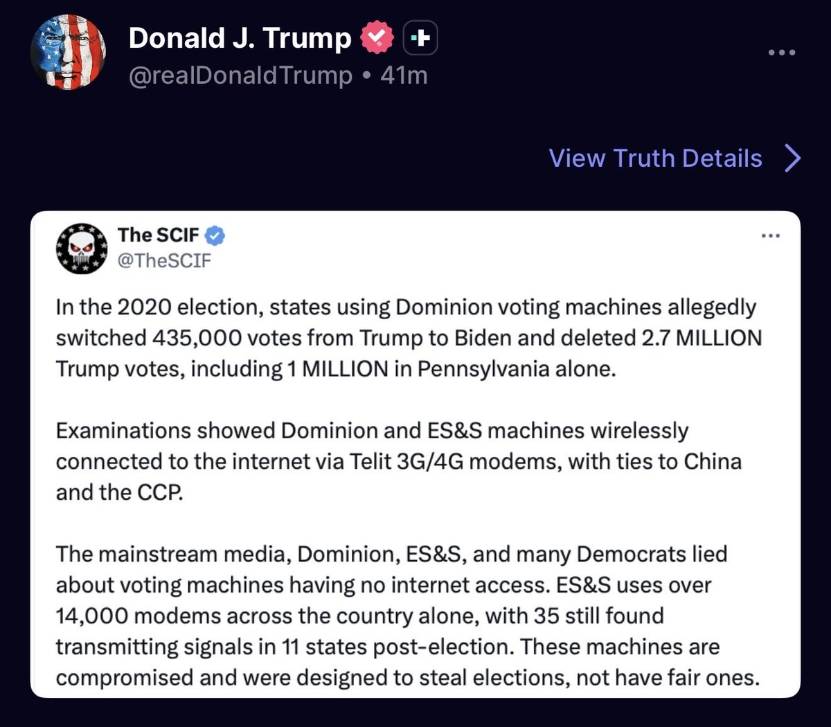 BREAKING: Trump is back to sharing election misinformation.  He’s spreading the same claims that Fox News had to pay Dominion $787.5 million for spreading.

The only way he can confiscate voting machines in ballots in November is if he can convince part of the country that it’s