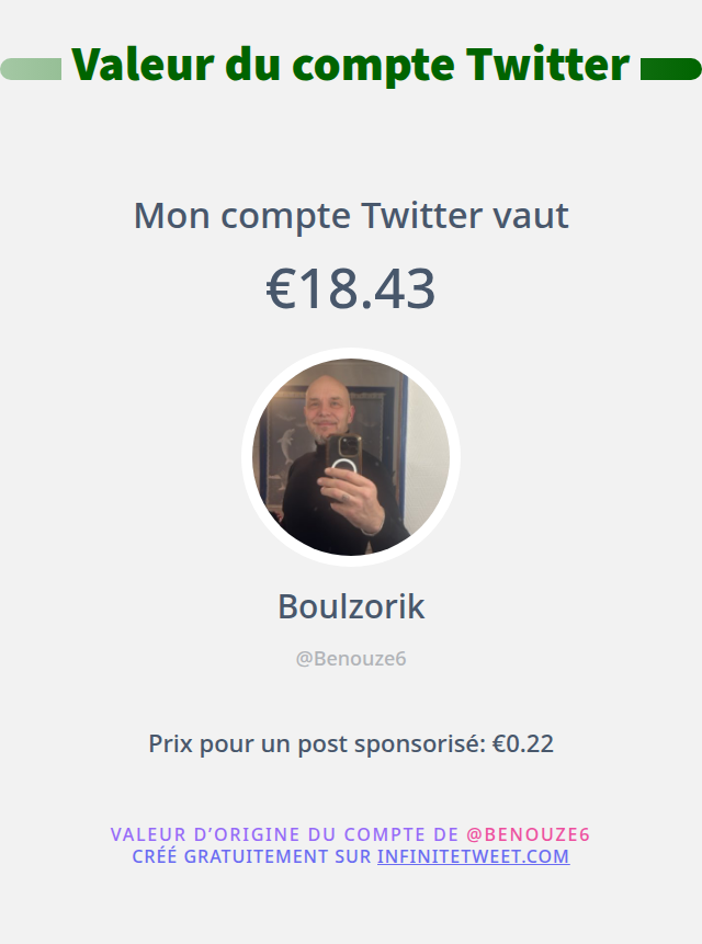 Benouze6's tweet photo. Mon twitter vaut: €18.43

➡️ https://t.co/dsb4ZfG9ft https://t.co/SYdA7OozMt