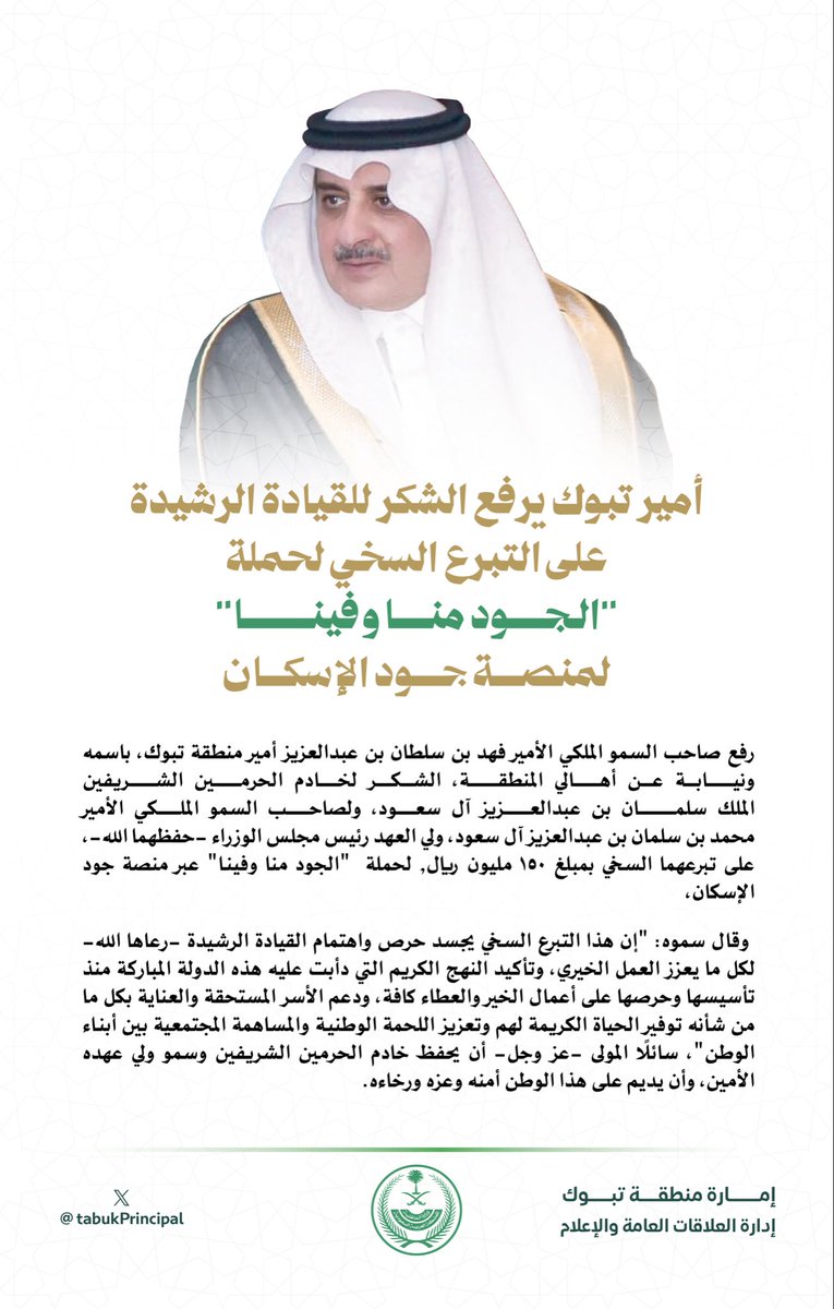 سمو #أمير_منطقة_تبوك الأمير #فهد_بن_سلطان_بن_عبدالعزيز  
يرفع الشكر للقيادة الرشيدة -أيدها الله -على التبرع السخي لحملة (الجود منّا وفينا) عبر منصة جود الإسكان،

#دعم_القيادة_لجود_الإسكان