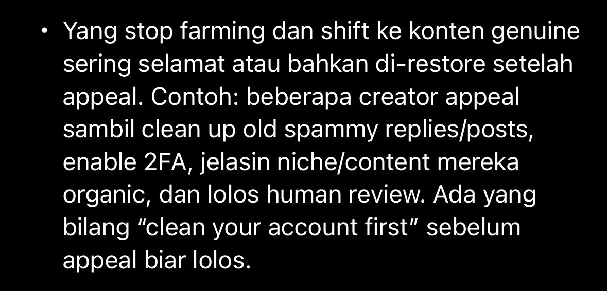 buat yang lagi ngejar monetisasi X, ini worth banget dibaca. lagi ada wave crackdown — jangan sampai kejebak pola farming tanpa sadar. 

saran gue, stop sekarang juga farming impression dengan cara spam reply, follow/unfollow secara barbar, dan tindakan-tindakan spam lainnya.