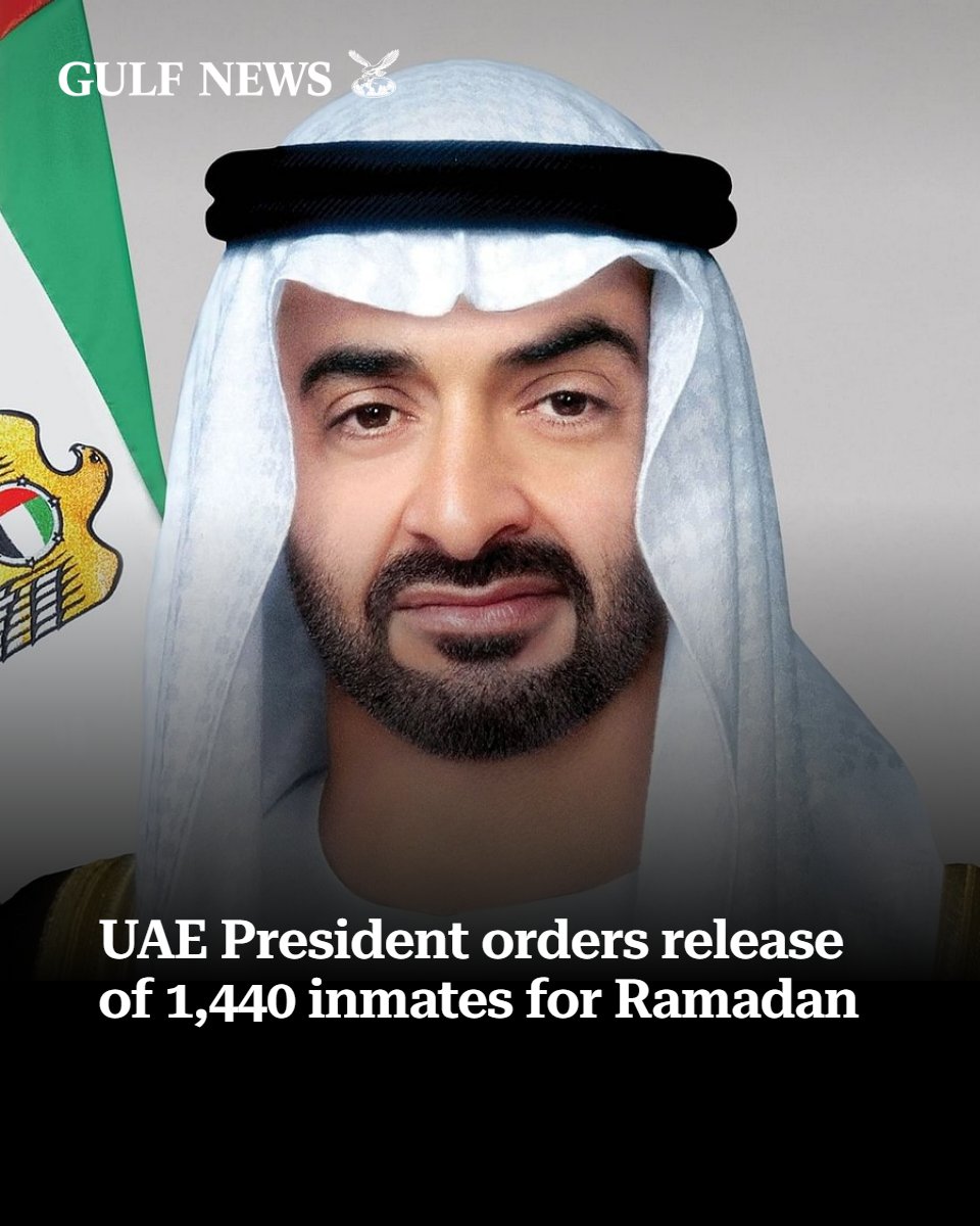 gulf_news's tweet photo. UAE President Sheikh Mohamed bin Zayed Al Nahyan orders the release of 1,440 inmates for Ramadan, settling their financial obligations to promote social stability and offer a fresh start.
https://t.co/VjnCOFFlX5 https://t.co/bJOBfxGRCc