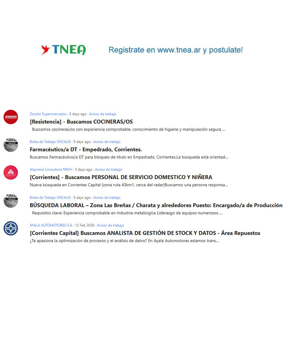 ⚠ OPORTUNIDADES LABORALES de los últimos días

👉 Registrate en tnea.ar y Postulate!

#TNEA #Formosa #Chaco #Corrientes #Misiones #empleoar #trabajoar