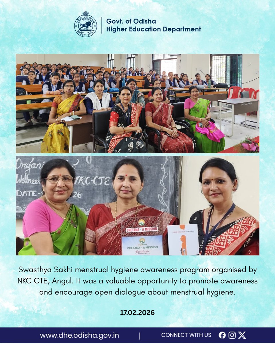 DHE_Odisha's tweet photo. The Swasthya Sakhi Menstrual Hygiene Awareness Program at NKC CTE, Angul, was a meaningful initiative aimed at empowering and educating young women through awareness and open conversations. https://t.co/JChnhDoLZX