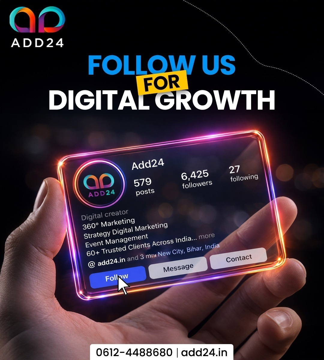 Add24services's tweet photo. Ready to turn your brand into a digital success story? ADD24 is where growth begins🚀

From strategy to execution, we handle your complete 360° digital journey with smart ideas📈

More reach, more engagement, more real results — that’s how we build brands online📊

Trusted by businesses across India who believe in powerful marketing that actually works ✨

Contact us today and let’s create digital growth that speaks for itself 📲
Contact us Today!
🌐 Visit: https://t.co/DfxSkaYV9N
📞 Call: 0612-4488680
📍 Location: Patna, Bihar

#add24 #digitalmarketing #digitalbusiness #digitalmarketingservices #digitalmarketingagency #DigitalTransformation