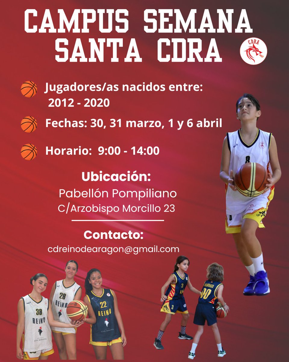 #CampusSemanaSantaCDRA
👶 Nacidos/as entre 2012-2020
📅 30, 31 de marzo, 1 y 6 de abril
⏰ 9:00-14:00
🏟️ Pabellón Pompiliano
➕ Información e inscripciones 👇
forms.gle/ZxhXCQmmr49n5V…
#Temporada9 🐲