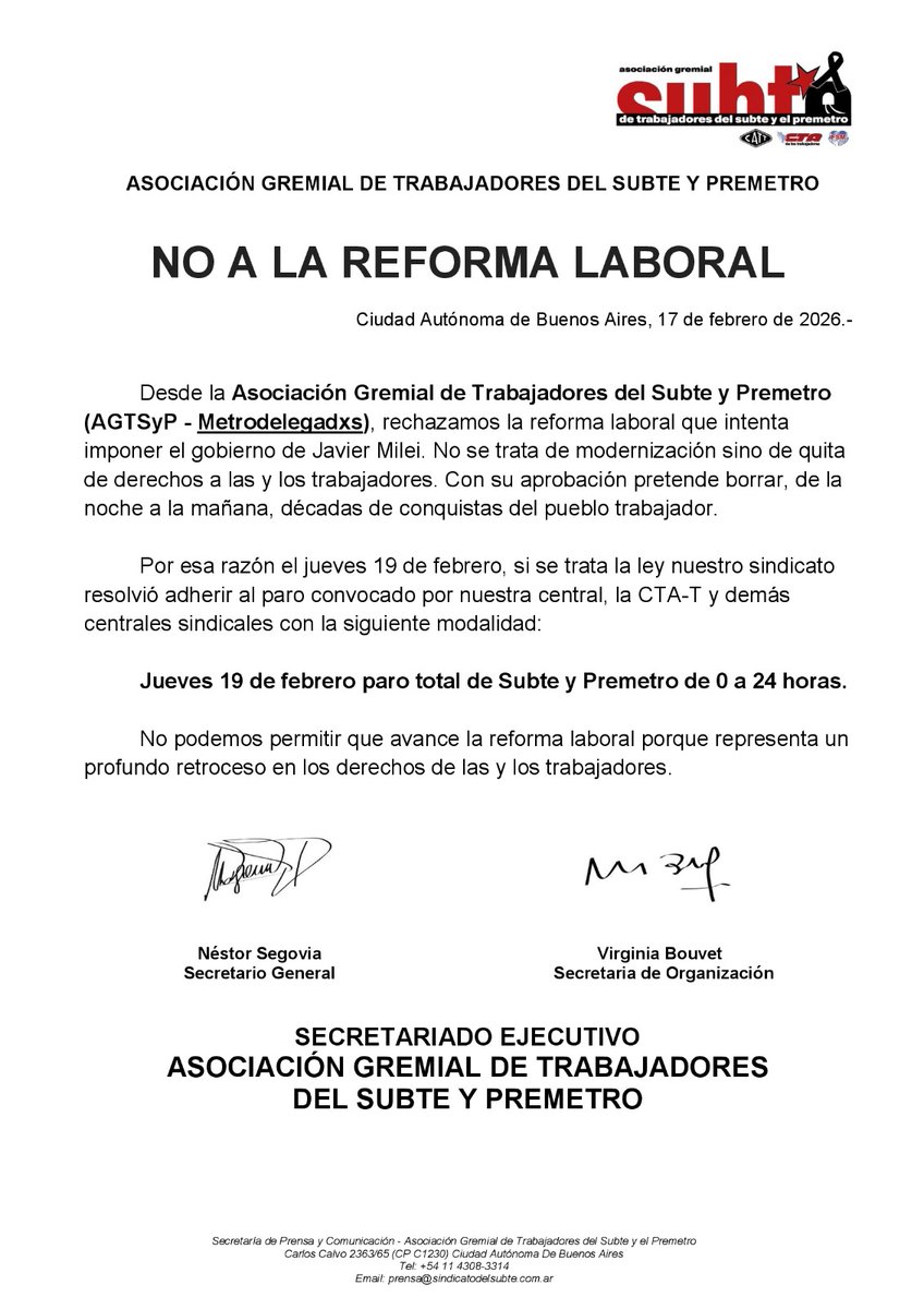 ¡NO A LA REFORMA LABORAL!

👉 Este jueves 19 de febrero, si se trata la ley, paramos el subte y Premetro desde las 00 durante 24 horas.

No podemos permitir esta reforma, que es un enorme retroceso para los derechos de los trabajadorxs.
