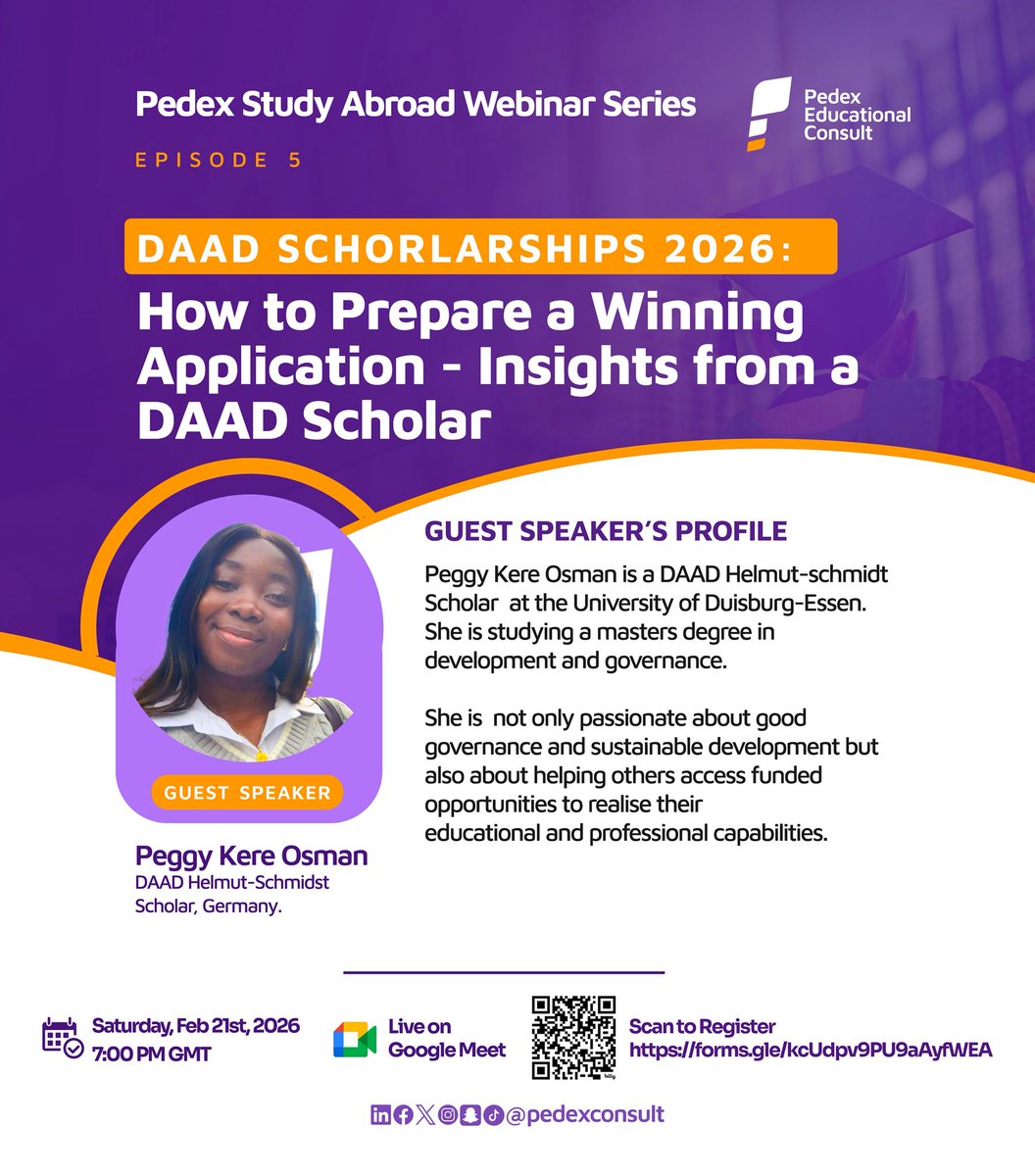 pedexconsult's tweet photo. 𝐌𝐞𝐞𝐭 𝐎𝐮𝐫 𝐆𝐮𝐞𝐬𝐭 𝐒𝐩𝐞𝐚𝐤𝐞𝐫

Peggy Kere Osman is a DAAD Helmut-Schmidt scholar who will share her personal journey, lessons learned, and actionable tips that can significantly improve your chances of success.

Register here 👇🏾
https://t.co/7c8x1dSwW3

#Germany #DAAD https://t.co/0D4YzoqT3u