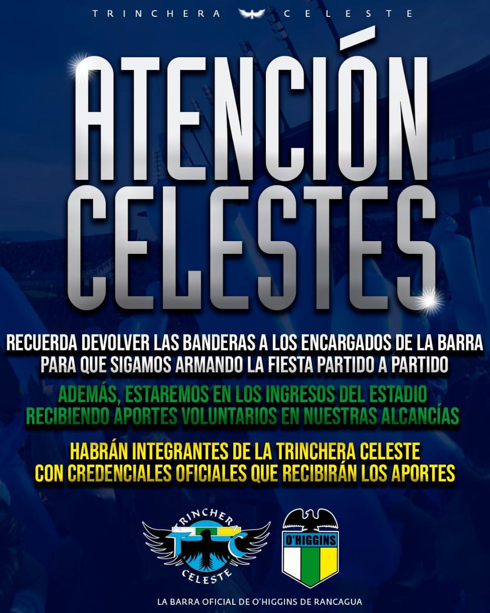 Hoy juega el equipo de nuestras vidas 💙 Que la galería lata más fuerte que nunca: 90 minutos cantando, alentando sin parar, dejando el alma por estos colores. Una ciudad entera empujando en un solo corazón. Pase lo que pase, siempre juntos. 🇧🇼🥁

#OHiggins de #Rancagua