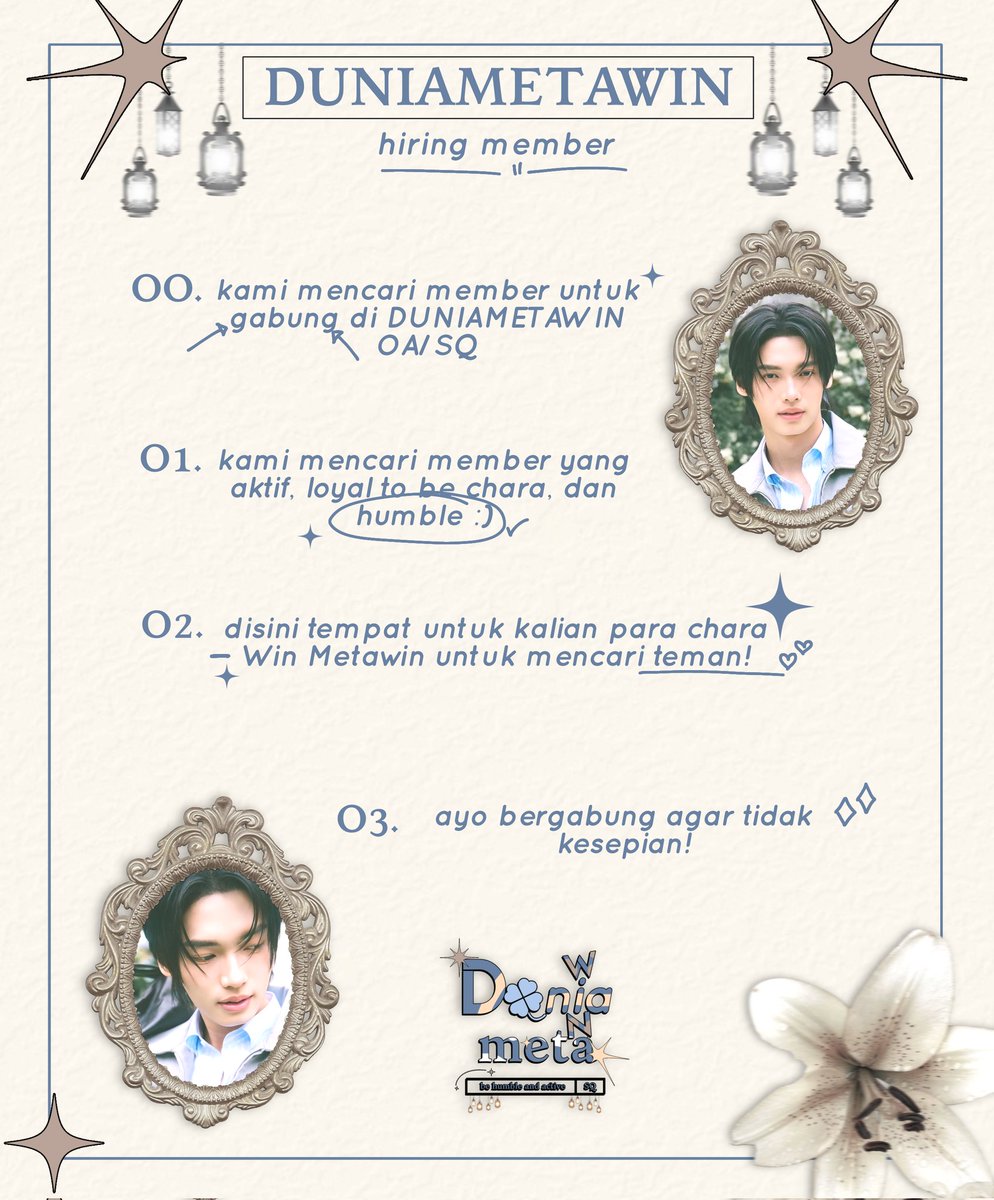 DuniaMetawin's tweet photo. Hi lovely souls! 𝐃𝐮𝐧𝐢𝐚𝐌𝐞𝐭𝐚𝐰𝐢𝐧 are looking for 𝐖𝐢𝐧 𝐌𝐞𝐭𝐚𝐰𝐢𝐧 roleplayers who want to join us and SQ or OA who want to be friends. Leave a gentle trace of your presence say hello or interact to start a new bond.
Reposts are truly appreciated thank you 🤍✨ https://t.co/y9xCaPUgqh