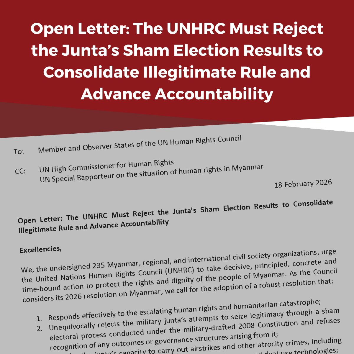 #Myanmar crisis is the direct consequence of military’s attempted coup in Feb 2021.

235 orgs urge <a href="/UN_HRC/">UN Human Rights Council</a> to:
✅Respond effectively to Myanmar’s crisis
✅Reject junta's sham election result
✅Advances accountability through intl legal avenues

open letter bit.ly/4allqCc