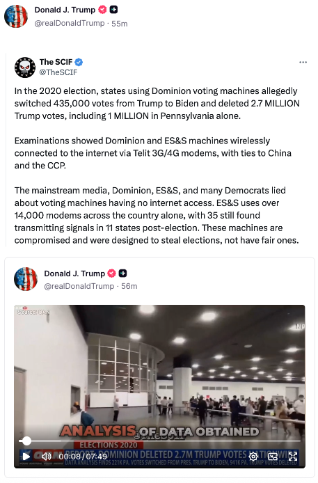 Trump is now posting years-old clips of alleged voter fraud/Dominion coverage from OAN, which had to settle a lawsuit over that coverage.